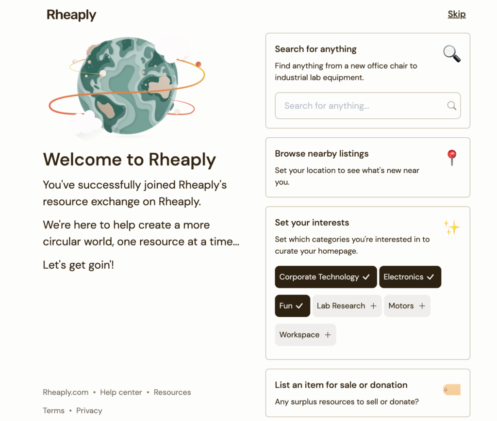 screenshot showing the UI of Rheaply's welcome screen